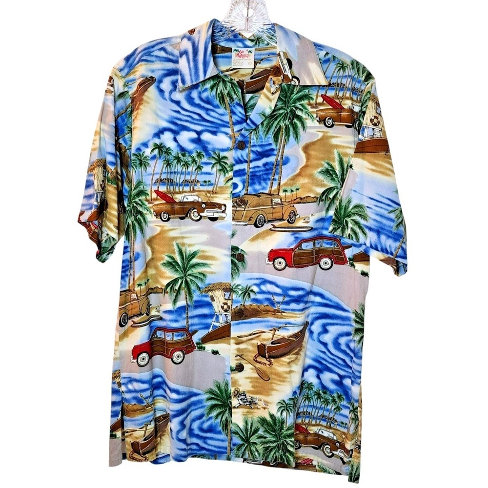 Go Barefoot‎ Hawaiian Shirt – Woody Car & Palm Print, USA Made, Size S